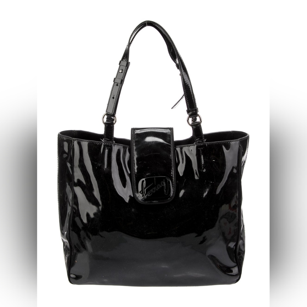 Salvatore Ferragamo Patent Leather Black Tote Medium Authentic